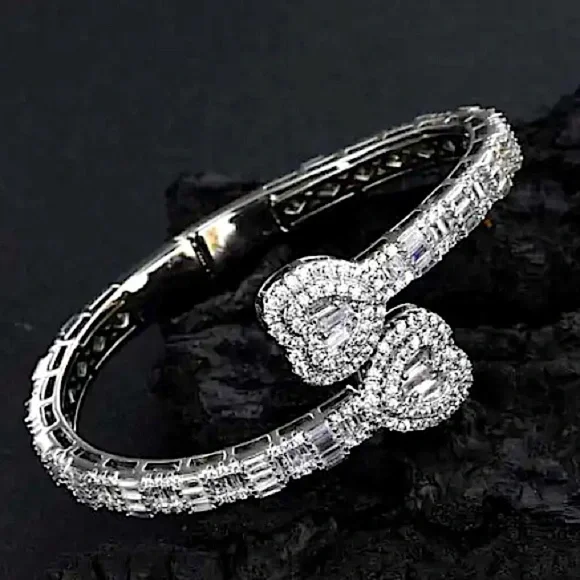 Open Heart Silver Baguette Iced Out Cubic Zircon Diamond Bangle Cuff Bra… - Picture 6 of 13